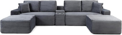 ivoros 125 Inch Modular Sectional Sofa Couch, Oversized Modern Cloud Couch for Living Room, U Shape Couches with 2 Ottomans, USB Ports and Cup Holders, Grey Corduroy Boneless Sofas, Sofa in a Box