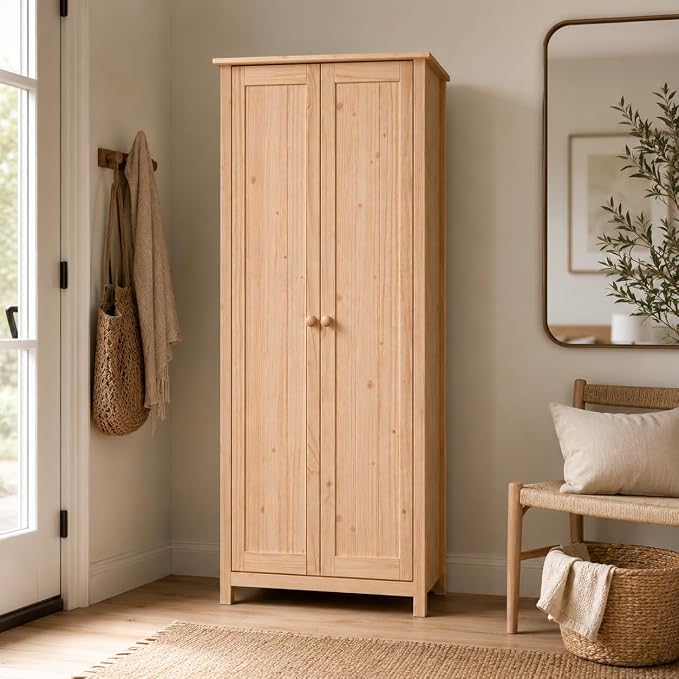 From the Tree Furniture Wardrobe – 2-Door Armoire, Unfinished Pine, 29.52″ W × 20.86″ D × 70.86″ H – Bedroom Closet with Adjustable Shelves & Hanging Rail, Stain-Ready