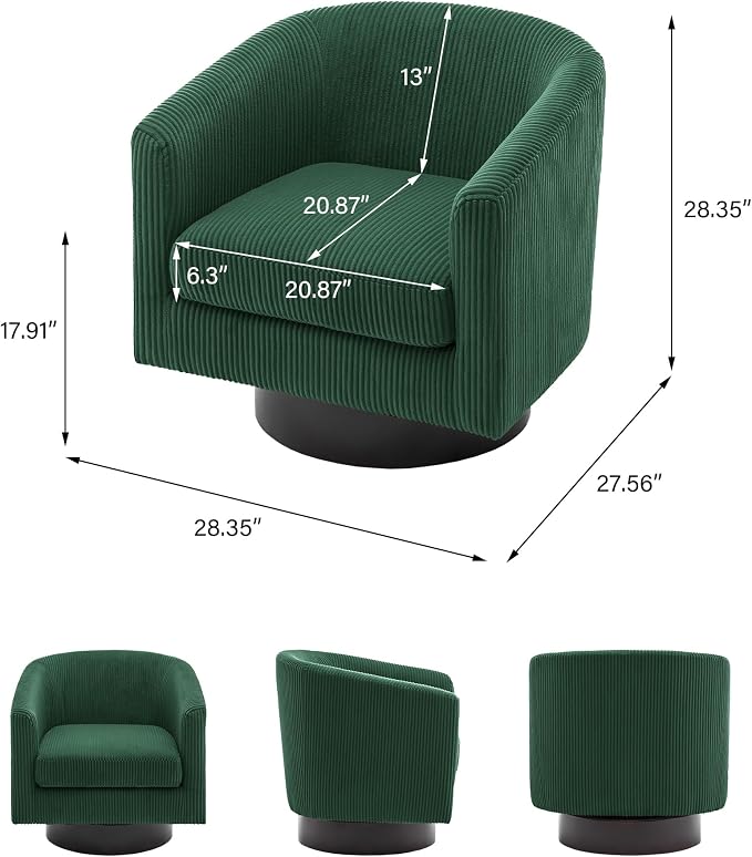 Swivel Barrel Accent Chair, Modern Round Corduroy Fabric Arm Chair for Living Room, Bedroom, Comfy Club Reading Chairs for Adults (Corduroy Dark Green, Set of 1)