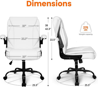 NEO CHAIR Desk Office Gaming Computer Chair Ergonomic Executive Mid-Back Leather with Adjustable Padded Flip-Up Armrests Cushion Wheels Swivel for Home Study Task (White)