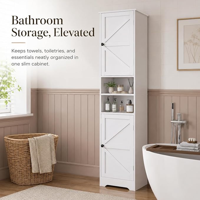Viaozutis Tall Bathroom Storage Cabinet, Slim Freestanding Cabinet with Adjustable Shelves, Vertical Storage Organizer for Small Bathrooms, Toilet Paper & Daily Essentials Storage（White）
