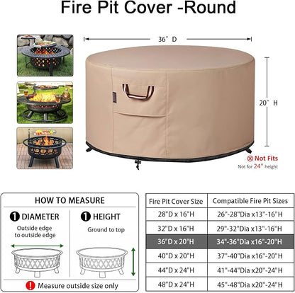 QH.HOME Fire Pit Cover Round-33-36 Inch Heavy Duty 900D Strong Tear-Resistant and UV Resistant and Waterproof and Fading Resistant Material Polyester Firepit Covers Round for Outdoor Fire Pit-Wheat