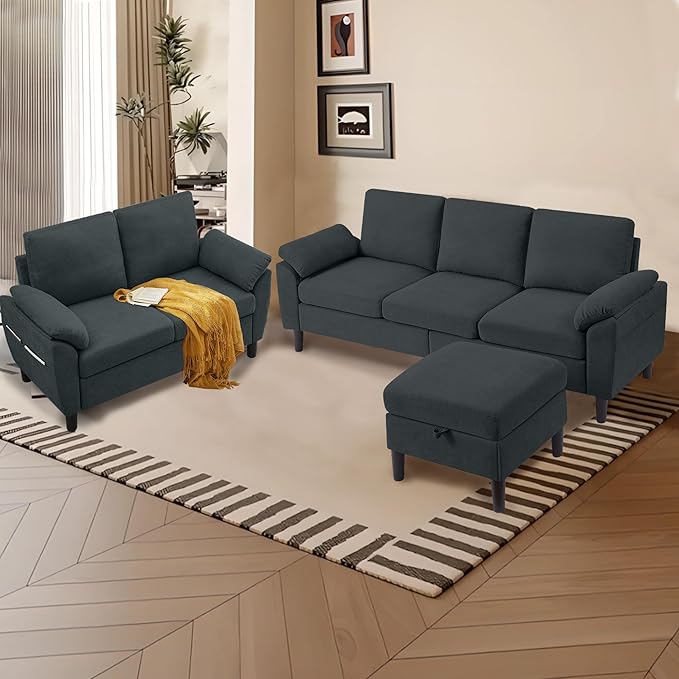 80" Convertible Sectional Sofa Set, Modern Linen Small L Shaped Couch with Reversible Chaise and Loveseat Sofa, 3-Seat Sofa Couches for Living Room, Office, Apartment, Dark Grey