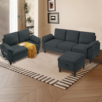 80" Convertible Sectional Sofa Set, Modern Linen Small L Shaped Couch with Reversible Chaise and Loveseat Sofa, 3-Seat Sofa Couches for Living Room, Office, Apartment, Dark Grey