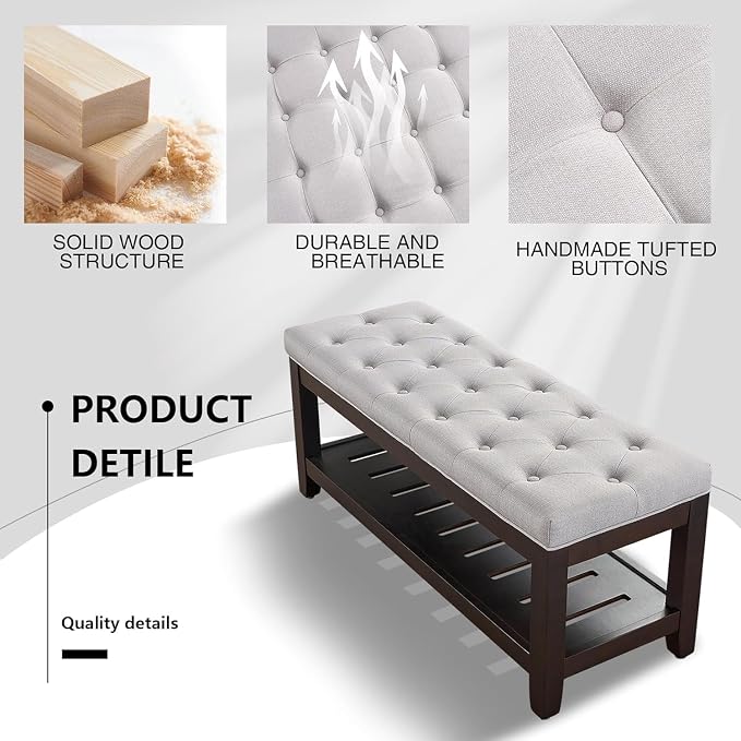 adochr Linen Large Rectangular Ottoman with Storage, Upholstered Entryway Bench for Living Room, Oversized Button Tufted Ottoman with Wood Shelf Storage, Light Grey