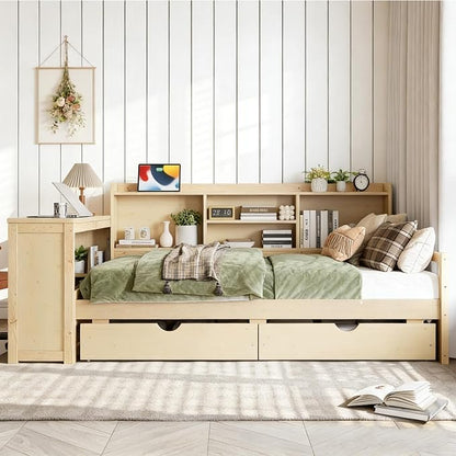 Bellemave Twin Size Corner Bed Frame with Storage Drawers and Desk,Captain L-Shaped Daybed with Bookcase,Corner Bed Frame Twin Size with Charging Station for Kids,Teens,Guests,Natural