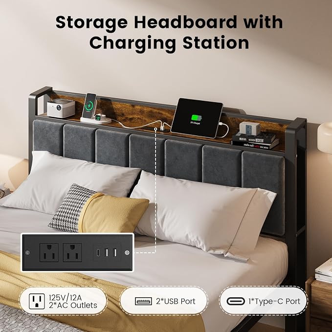 ALBERTO Queen Size Bed Frame with LED Lights, Upholstered Headboard with Storage and Charging Station, Metal Platform with Slats, No Box Spring Needed, Easy Assembly