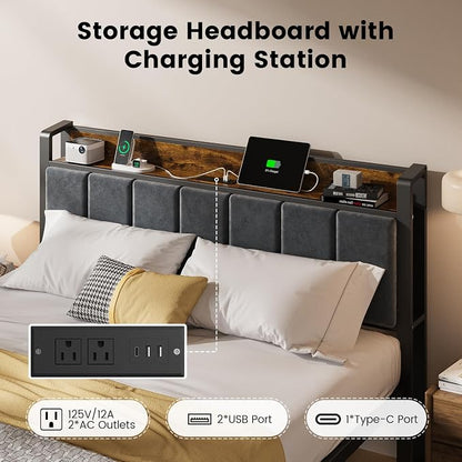 ALBERTO Queen Size Bed Frame with LED Lights, Upholstered Headboard with Storage and Charging Station, Metal Platform with Slats, No Box Spring Needed, Easy Assembly