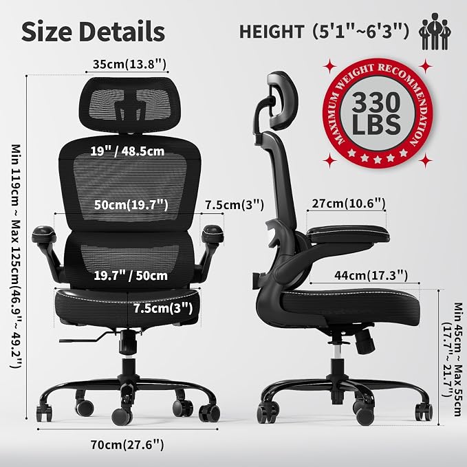 TRALT Ergonomic Office Chair - Desk Chair with Adjustable Headrest Lumbar Support Computer Chair - Mesh Comfy Chair with Flip-up Armrests - Gaming Chairs for Adults Home Office (Leather, Black)