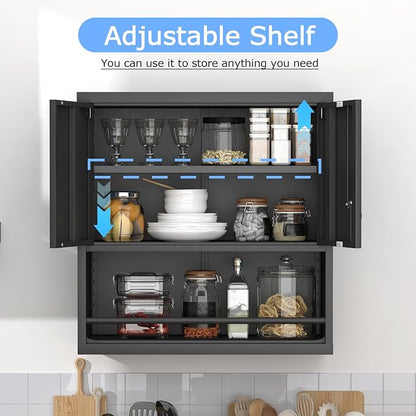 Metal Wall Cabinet, Garage Wall Cabinet with Lock, Wall Mounted Heavy Duty Steel Tool Cabinet with Door and Shelf, Locking Cabinet for Garage Warehouse Bathroom Kitchen, Black