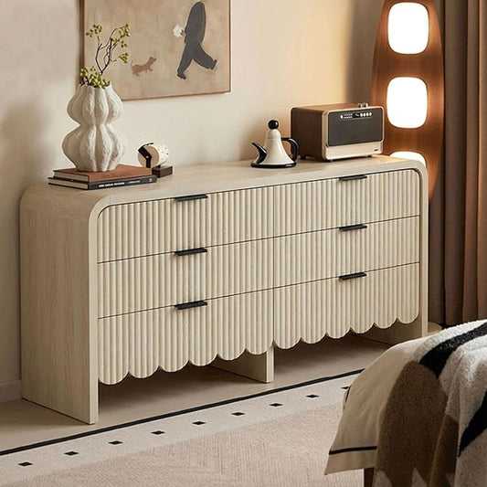 59" Scalloped Dresser for Nursery,Fluted 6 Drawer Wooden Dressers,Boho Long Dresser for Bedroom Kids Room, Living Room