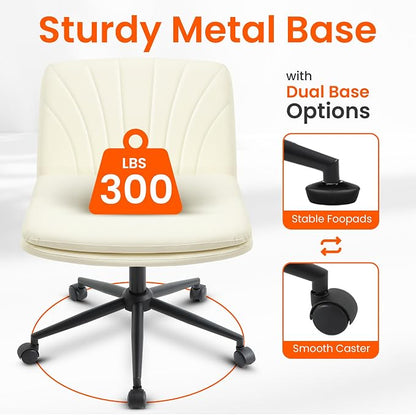 Orange Factory Criss Cross Chair with Wheels Comfy Wide Vanity Desk Chair Dual Base Leather Armless Adjustable Swivel for Home Computer Task (Beige Pu, Faux Leather)
