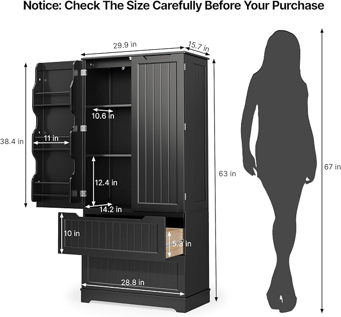 Gizoon Kitchen Storage Cabinets with Drawers Freestanding Kitchen Pantry with Doors and Shelves, 63" Food Pantry Cabinet for Dining Room Craft Room, Black, Painted