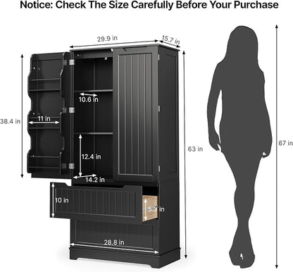Gizoon Kitchen Storage Cabinets with Drawers Freestanding Kitchen Pantry with Doors and Shelves, 63" Food Pantry Cabinet for Dining Room Craft Room, Black, Painted