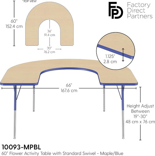 FDP Horseshoe Activity School and Office Table (60 x 66 inch), Standard Legs with Swivel Glides for Collaborative Seating Environments, Adjustable Height 19-30 inches - Maple Top and Blue Edge