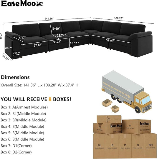 EASE MOOSE Oversized Sectional Modular Sofa,Large L Sectional Couch Wide Deep Seat Modular Cloud Couch,Black