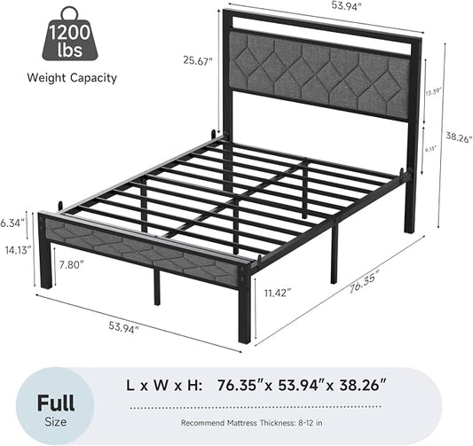 Z-hom Easy Assembly Upholstered Platform Bed Frame with Soft Padded Headboard, Modern Linen Fabric Mattress Foundation, No Box Spring Needed, Noise-Free & Sturdy Metal Support, Full Size (Grey)