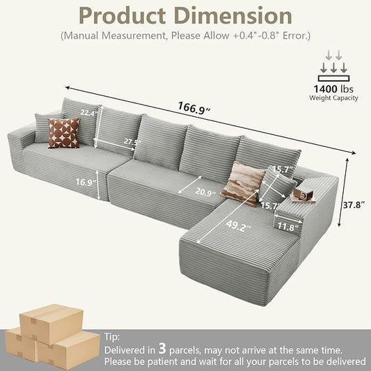 166.9" Cloud Sectional Couch with L-Shape Chaise, Upholstered Corduroy Couches Sleeper with Deep Seat, Modern Modular Comfy Sofa Chaise Longue for Living Room Bedroom, No Assembly Required, Grey