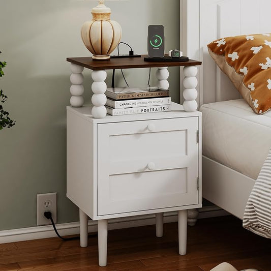Veegle White Nightstand with Charge Station,Modern Bedside Table with Storage Drawer and Open Wood Shelf, for Bedroom and Small Spaces,Night Stand with Solid Wood Legs (White)