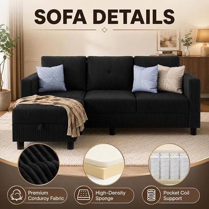 L Shaped Sectional Sofa with Reversible Storage Ottoman, Corduroy 3-Seat Convertible Couch for Small Apartment, Living Room & Studio Loft, Compact Modern Sofa with Side Pockets & Easy Assembly, Black