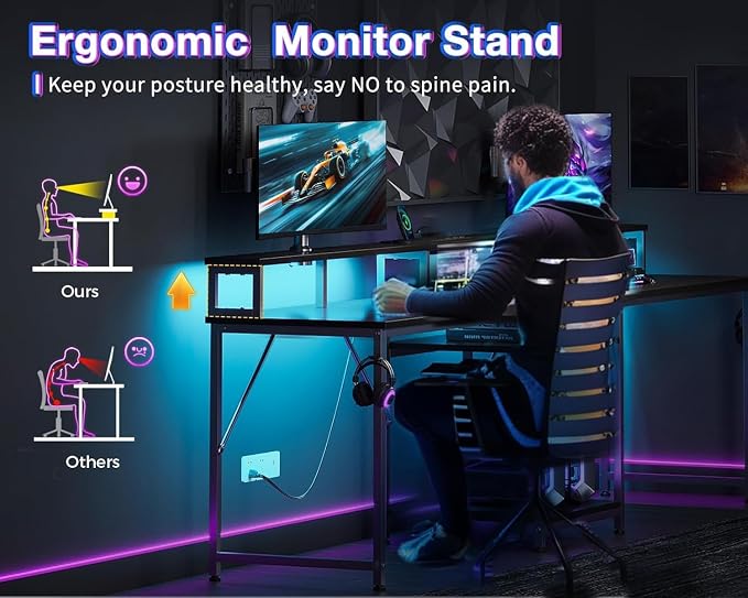 Casaottima 98 Inch 2 Person Gaming Desk with Storage Shelves, Long Double Home Office Computer Writing Desks with USB Charging Port & LED Lights, Monitor Stand, Modern Study/Work Table,Black