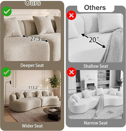 113" Curved Sectional Sofa Modern Cream Cloud Couch Modular Sectional Couches for Living Room Boneless Cloud Sofa Boucle Loveseat Comfy Chenille Deep Seat with 4 Pillows, Light Brown