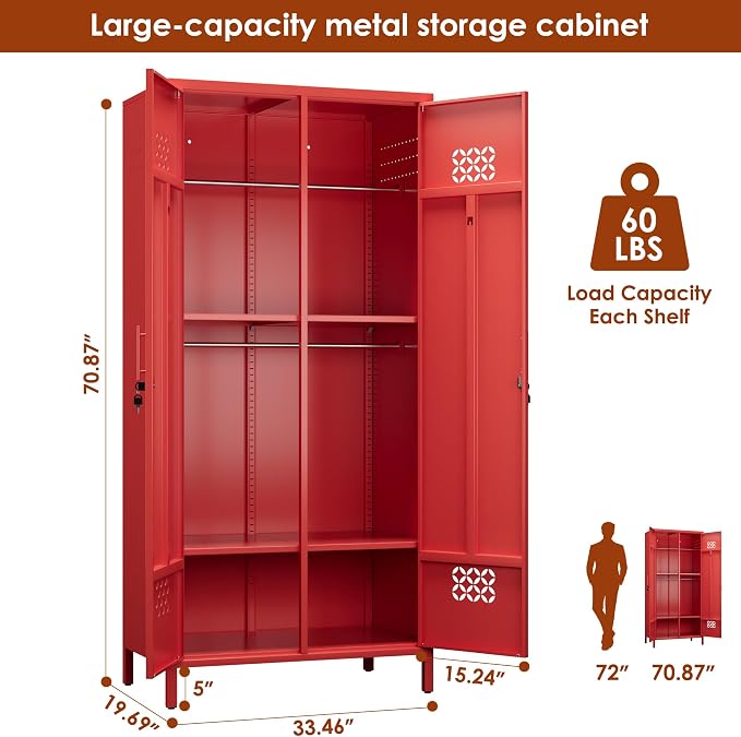 SUPEER 2 Door Red Metal Storage Locker Wardrobe Cabinet | 71 in metal wardrobe cabinet with lock, adjustable shelves, and hanging rods for home, office, garage, gym, or staff storage.