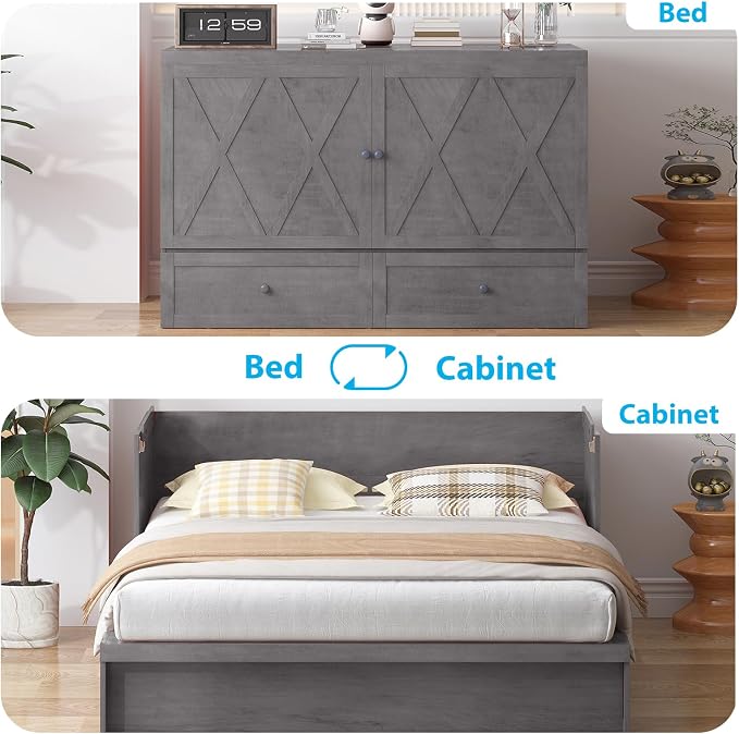 Mjkone Murphy Bed with Tri-Folding Mattress, Queen Hidden Cabinet Bed with Built-in USB Charging Station and 2 Storage Drawers, Foldable Wall Cabinet Beds for Living Room/Guest Room/Apartment, Gray