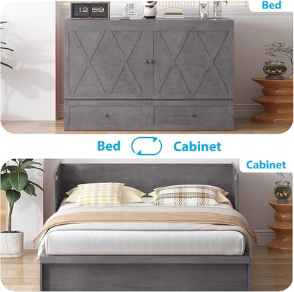 Mjkone Murphy Bed with Tri-Folding Mattress, Queen Hidden Cabinet Bed with Built-in USB Charging Station and 2 Storage Drawers, Foldable Wall Cabinet Beds for Living Room/Guest Room/Apartment, Gray