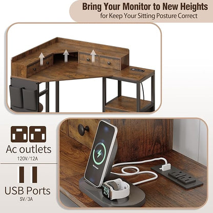 VENNQD Corner Desk with 6 Fabric Drawers Shelves for Small Space Computer Desk with Power Outlets,Gaming Desk with Printer Monitor Stand Storage for Home Office Workstation Writing Table Brown