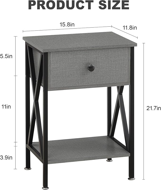 VECELO Nightstands Set of 2, Modern Bedside End Tables, Night Stands with Drawer and Storage Shelf for Living Room Bedroom, Industrial Metal Frame
