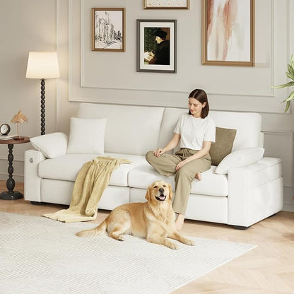 MALOL 89" Loveseat Couch, 3 Seater Upholstered Midcentury Mondern Love Seat with USB Type C Ports, 4 Pillows and Storage Armrest Cloud Foam Sofa for Living Room/Small Spaces, Beige | Breathable material