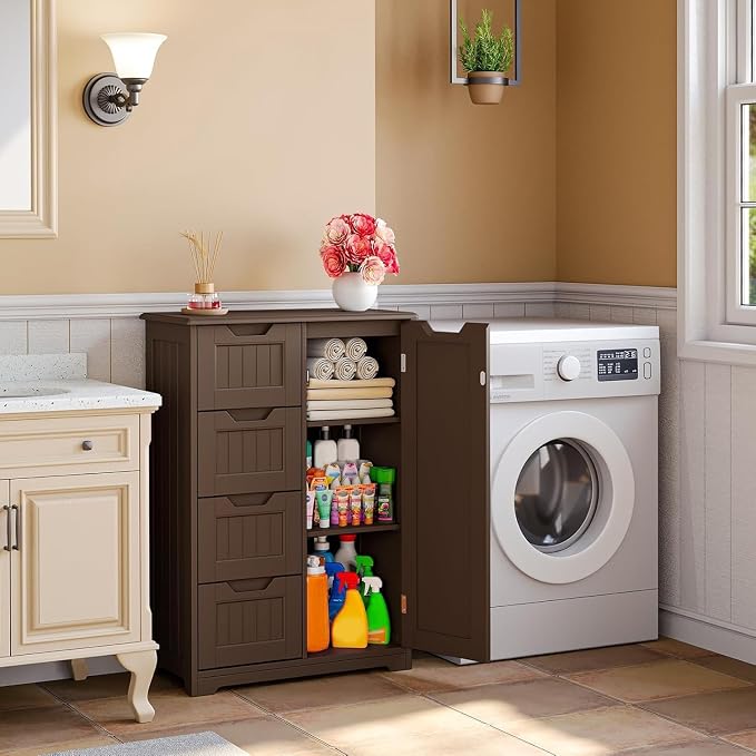 Gizoon Small Kitchen Pantry with Door and Shelves, 33'' Pantry Storage Cabinet Freestanding Wooden Bathroom Storage Cabinet with 4 Drawers for Kitchen and Dining Room, Dark Brown, Painted