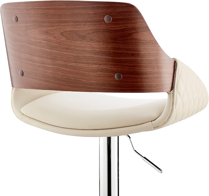 Armen Living Colby Modern Adjustable Height Swivel Cream Faux Leather and Walnut Wood Bar Stool with Chrome Base for Kitchen Island Counter