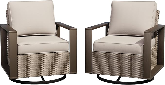 Joyside Outdoor Patio Swivel Rocker Chairs Set, 2 Pieces Wicker Rattan Chairs with Metal Wide Armrest, Thick Cushions and Deep Seating for Garden, Backyard, Porch, Deck