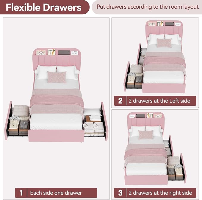 IDEALHOUSE Twin Bed Frame for Kids, Boucle Upholstered Platform Bed for Girls with 2 Flexible Drawers, Bookcase Headboard, Noise-Free, Easy Assembly, No Box Spring Needed, Pink