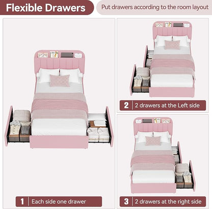 IDEALHOUSE Twin Bed Frame for Kids, Boucle Upholstered Platform Bed for Girls with 2 Flexible Drawers, Bookcase Headboard, Noise-Free, Easy Assembly, No Box Spring Needed, Pink
