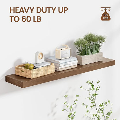 Heimlove Solid Wood Floating Shelves 36 inch, 8 Inch Deep Display Shelves Set of 2, Wall Mounted Floating Shelf with Invisible Brackets for Bathroom Bedroom Kitchen Living Room - American Walnut