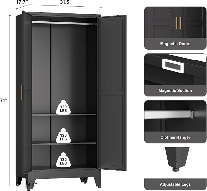 YAUWOH Farmhouse Wardrobe Cabinet,Metal Wardrobe Closet with Hanging Rod,Metal Armoire with Adjustable Shelves for Bedroom,Cloak Room,Office (Black)
