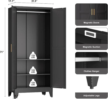YAUWOH Farmhouse Wardrobe Cabinet,Metal Wardrobe Closet with Hanging Rod,Metal Armoire with Adjustable Shelves for Bedroom,Cloak Room,Office (Black)