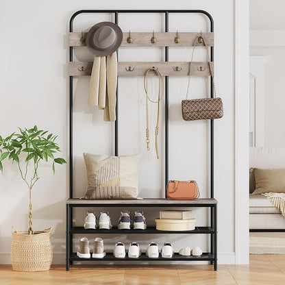 HOOBRO Hall Tree with Bench, Entryway Bench with Coat Rack, Mud Room Rack with 12 Double Hooks and Shoe Storage, Coat Tree, Shoe Organizer, for Foyer, Front Door, Greige and Black BG05MT01