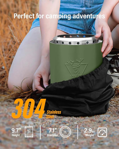 YEFU Tabletop Fire Pit 9.7 x 7.1 in, Flame Intensity Control Camping Stove for Outdoor & Patio, Fueled by Pellets or Wood, Safe Burning Table Top Firepit, with Travel Bag & 2 Mini Sticks, Green