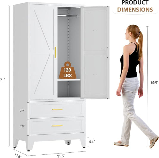 Metal Armoire Wardrobe Closet with Drawers, 71" Wardrobe Cabinet with Adjustable Shelves and Hanging Rod for Bedroom, White Metal Closet Storage Cabinet with 2 Doors & 2 Drawers