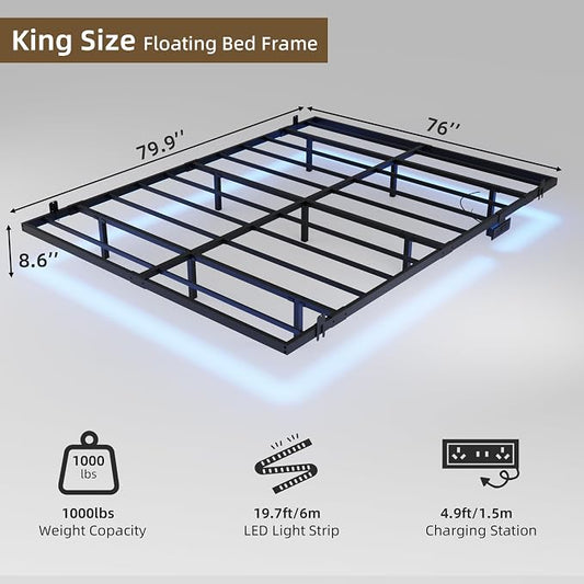 Floating Bed Frame King Size with Charging Station and LED Lights, Metal Platform Bed Frame, No Box Spring Needed, Easy Assembly, (King)