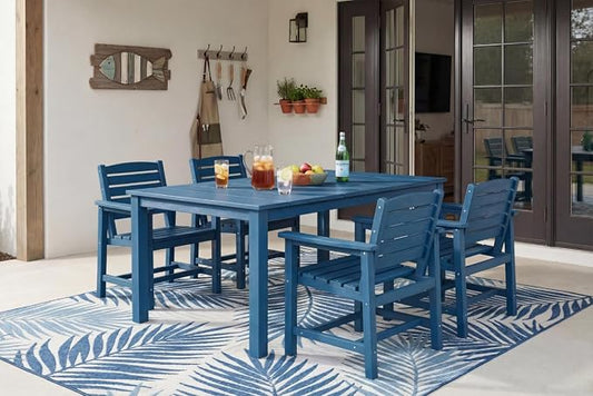 Perli™ 5-Piece Outdoor Dining Set, All-Weather HDPE Patio Furniture with 4 Armrest Chairs and Rectangular Table, UV-Resistant 4-Person Set for Deck, Backyard, Blue