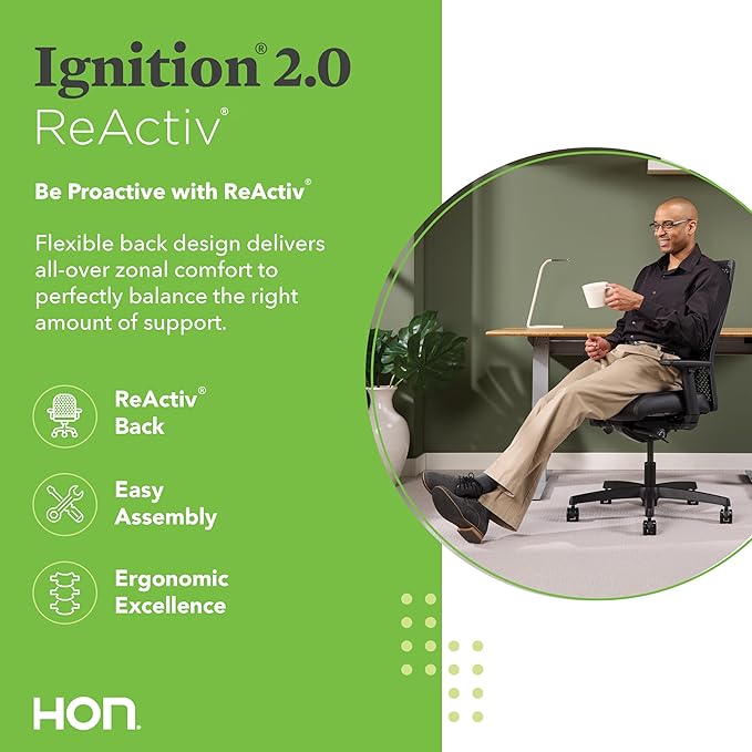 HON Ignition 2.0 ReActiv Ergonomic Office Chair, Mesh Desk Chair with Lumbar Support, Advanced Synchro‑Tilt, Height and Width Adjustable Arms, Swivel Wheels, Black Frame, Blue