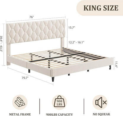 GarveeHome Beige King Bed Frame with Upholstered Headboard, Heavy-Duty Platform Bed Frame with Adjustable Headboard, Strong Wood Slat Support/No Box Spring Needed/Noise Free