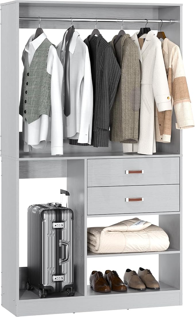 Armocity Closet System with Suitcase Storage, 40 Inches Stand-alone Wardrobe with 2 Wood Drawers, 80'' Height Adjustable Cloth Garment Rack, Walk-in Closet with Hanging Rod, Grey