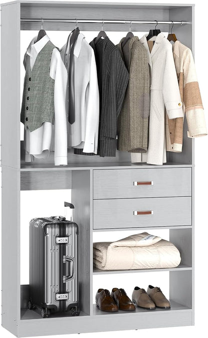 Armocity Closet System with Suitcase Storage, 40 Inches Stand-alone Wardrobe with 2 Wood Drawers, 80'' Height Adjustable Cloth Garment Rack, Walk-in Closet with Hanging Rod, Grey
