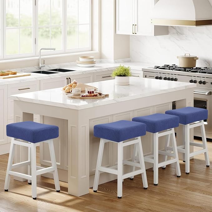 YISUN Stool Covers Rectangle - 4 Pack Stretch Waterproof Saddle Seat Cover Counter Bar Stools Bar Chairs Covers Kitchen Island Chairs Cushion Protector (4, Navy Blue)